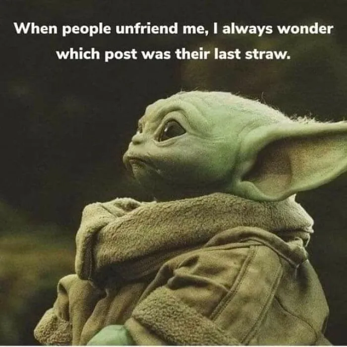 Cute alien character pondering unfriending in funny meme.