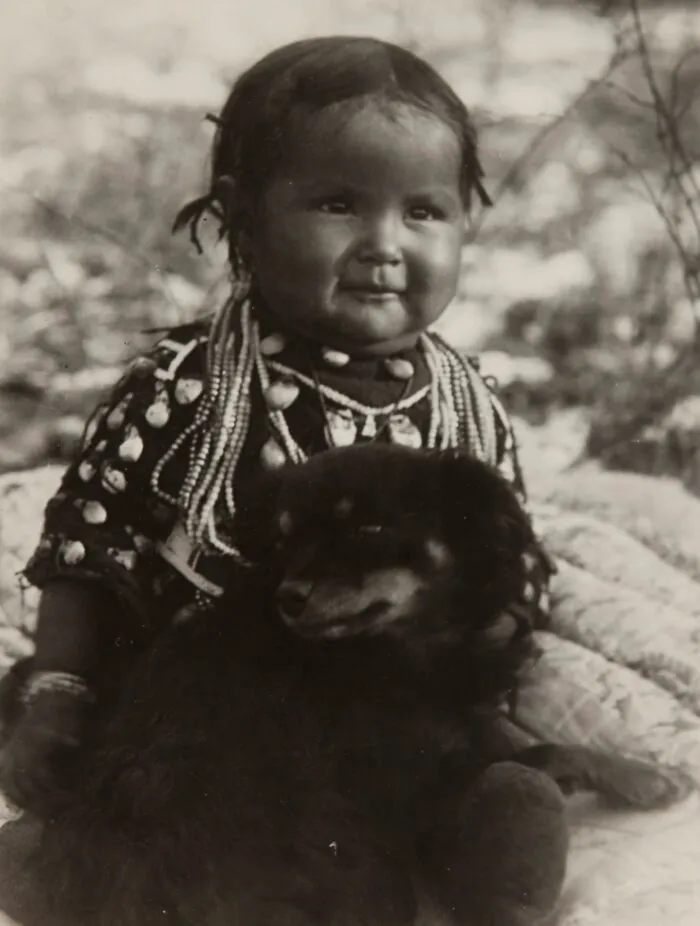 Native American Child With Dog, C. 1910
