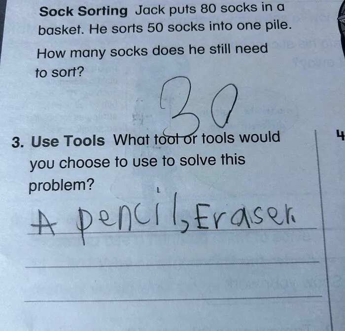 Math worksheet showing a problem about sorting socks, answered with "30" and "A pencil, eraser."
