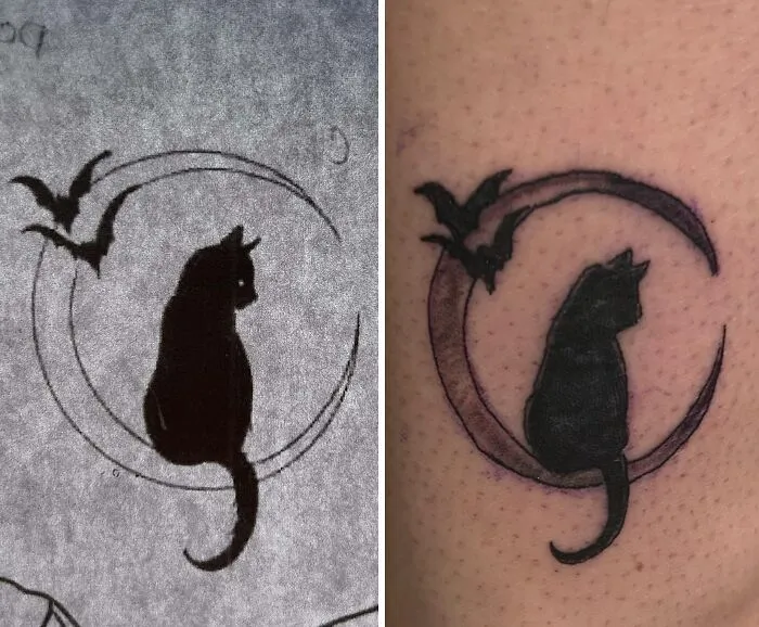 Tatuaje de gato negro con murciélagos en luna creciente, ejemplo de tatuajes que fueron una mala elección.