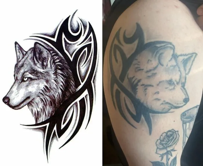 Tatuaje de lobo tribal bien diseñado junto a una versión borroneada que muestra una mala elección de tatuajes.