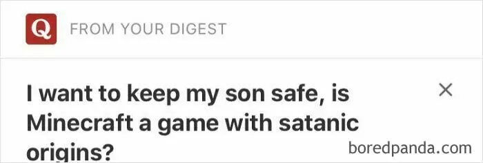 Screenshot of an unusual Quora question asking if Minecraft is a game with satanic origins, showing weird Quora questions.