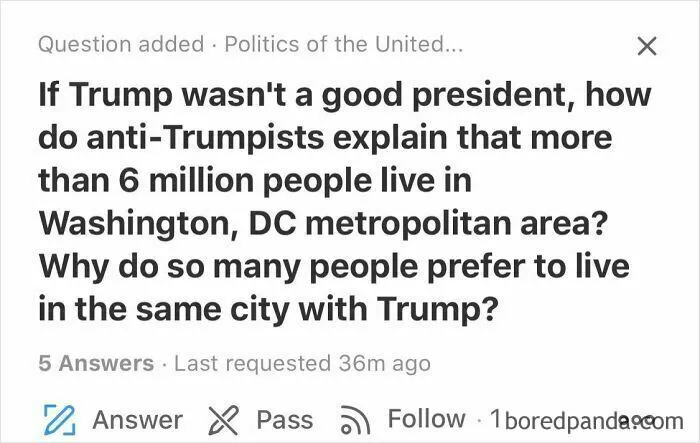 Quora question about Trump and Washington DC population, part of weird or unfortunate Quora questions collection.