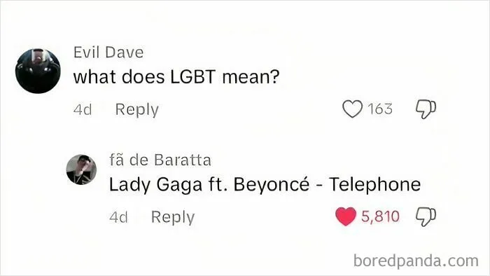 Text exchange with a funny meme about the meaning of LGBT, mentioning Lady Gaga and Beyoncé.