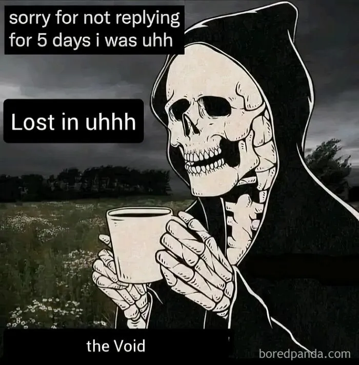 A skeleton holding a mug, humorously captioned, embodying funny memes for a daily dose of laughs.