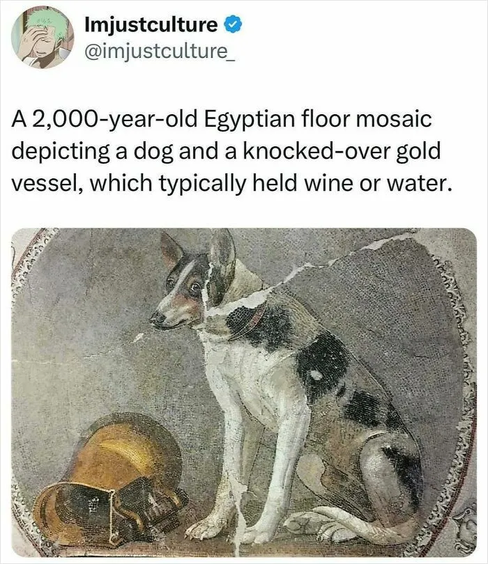 Ancient Egyptian mosaic depicting a dog and a tipped gold vessel, ideal for sharing interesting facts over Easter lunch.