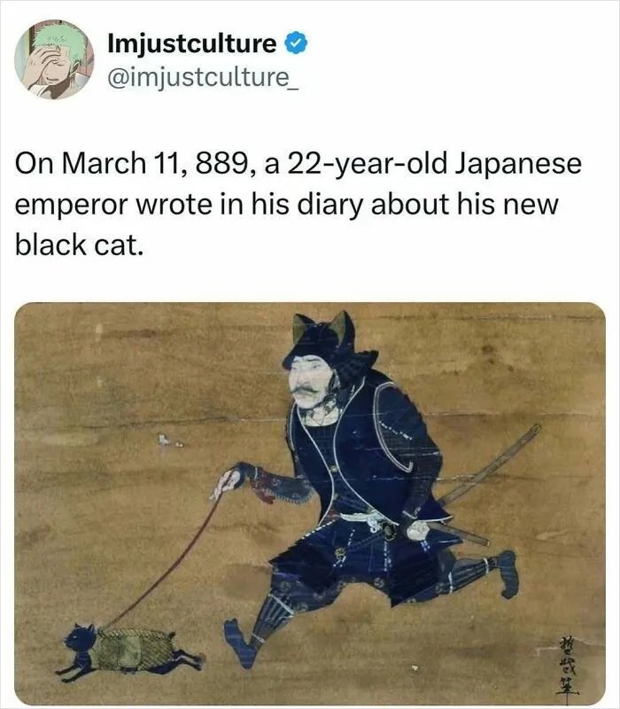 Japanese emperor in historical attire, walking a black cat on a leash, illustrating interesting family facts for Easter.