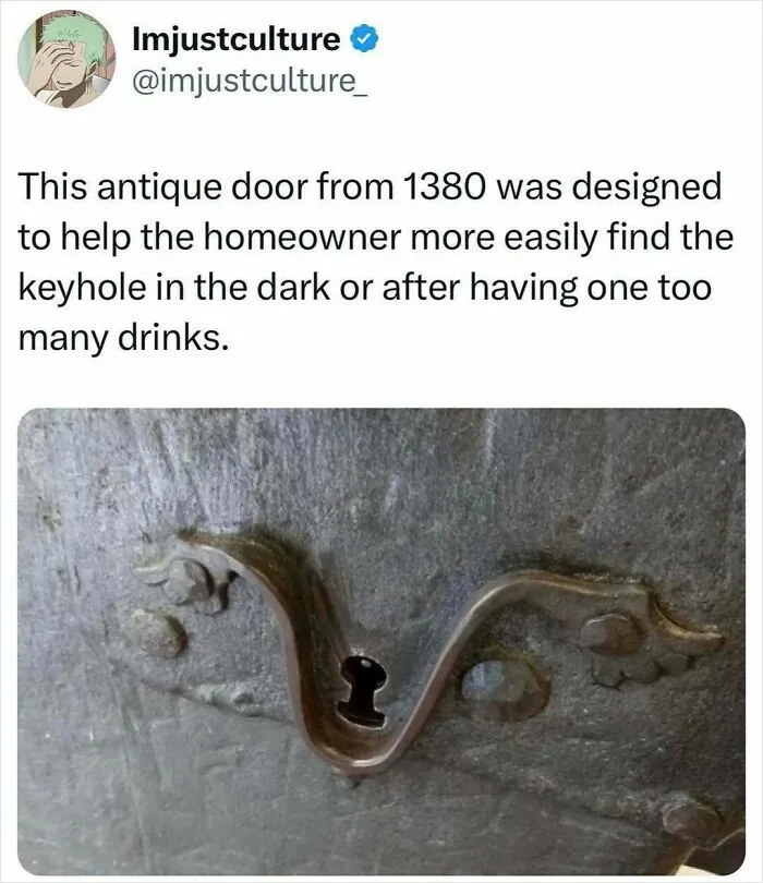 Antique door keyhole from 1380 designed for easy finding in the dark.