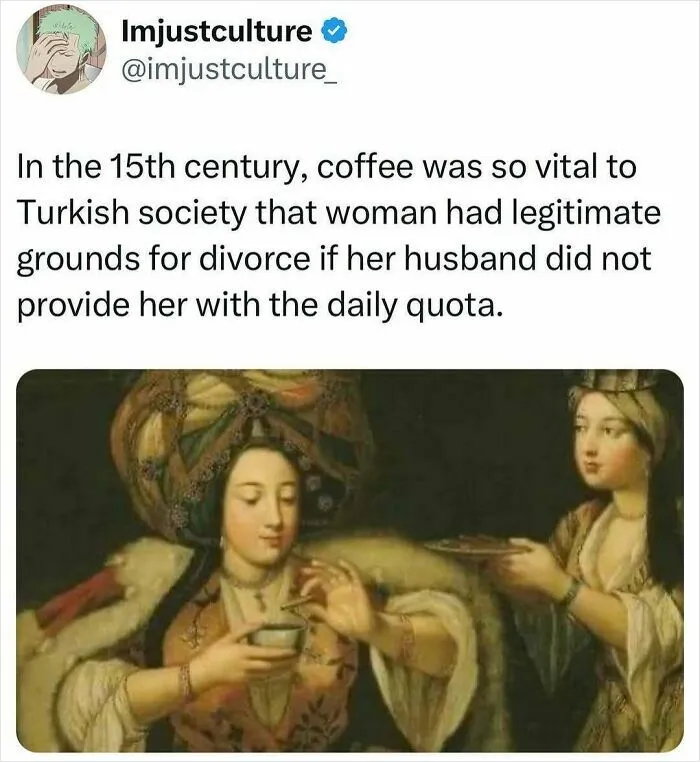 Painting depicting a Turkish woman with coffee, highlighting an interesting fact about divorce grounds over coffee quota.