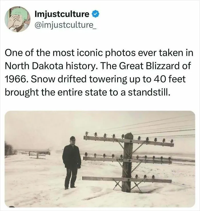 Great Blizzard of 1966 in North Dakota; man stands by snow-covered power lines, showcasing historic weather event.