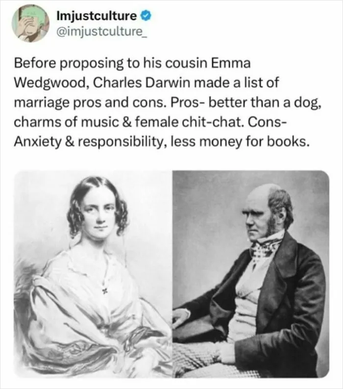 Charles Darwin's marriage pros and cons list, featuring a portrait of Emma Wedgwood on the left and Darwin on the right.