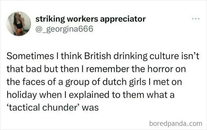 Funny meme about British drinking culture and a 'tactical chunder' explanation.
