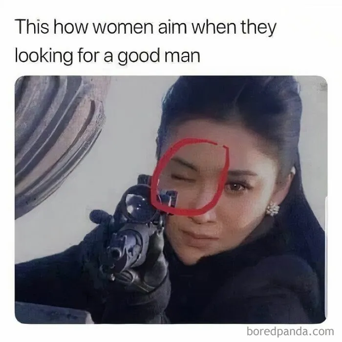 Woman aiming a rifle humorously with a red circle around her eye, depicting funny memes for snickering.