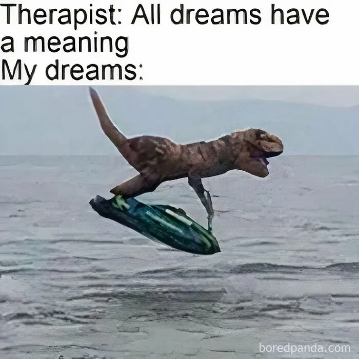 A dinosaur humorously surfing on the ocean, illustrating a funny meme about dream interpretation.