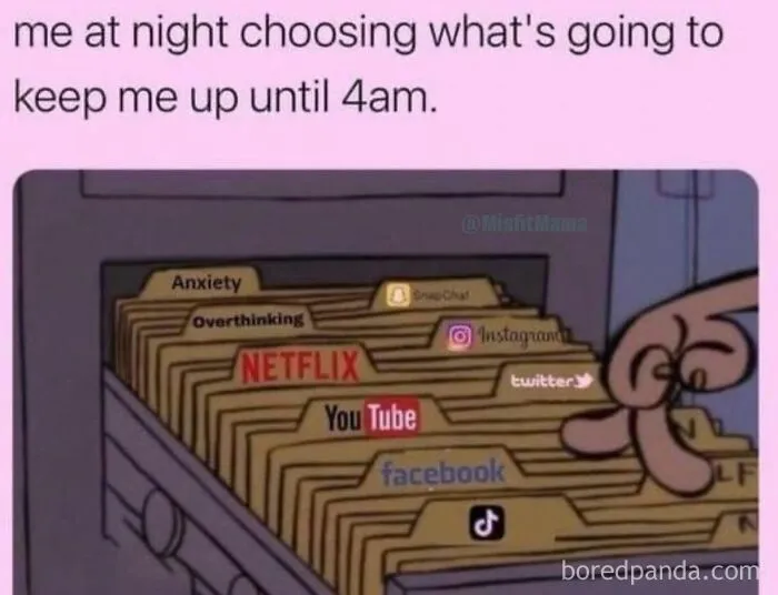 A humorous meme showing various late-night distractions like Netflix, YouTube, and social media.