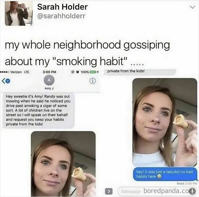 Woman holding a taquito in a car, clarifying a neighbor's misunderstanding. A funny meme illustrating a humorous mix-up.