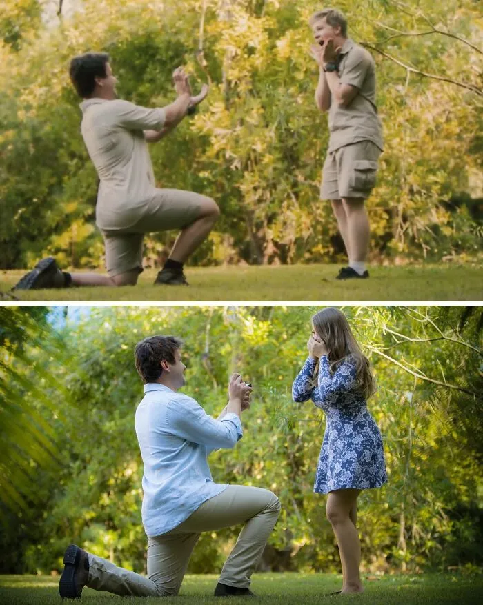 Si necesitas contenido reconfortante, Robert Irwin ayudó al ahora esposo de Bindi a practicar la propuesta.
