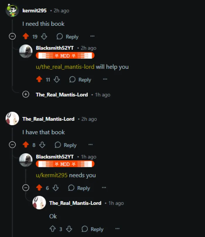 Reddit comment thread with users discussing needing and having a book, shown in a casual online conversation about unremarkable entertaining photos.