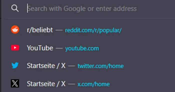 Browser screenshot showing search bar and popular websites like Reddit, YouTube, Twitter, and X icons in an unremarkable photo.