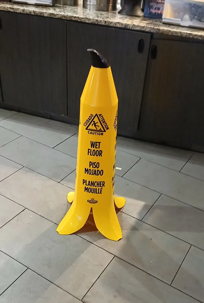 This Wet Floor Sign Shaped Like A Banana Peel At The Local Movie Theater