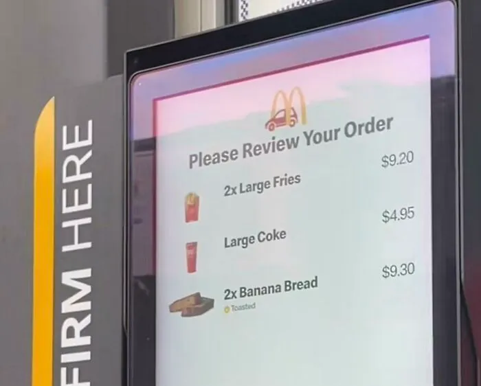 McDonald's digital menu screen shows high prices for fries, coke, and banana bread, reflecting current life in the US.