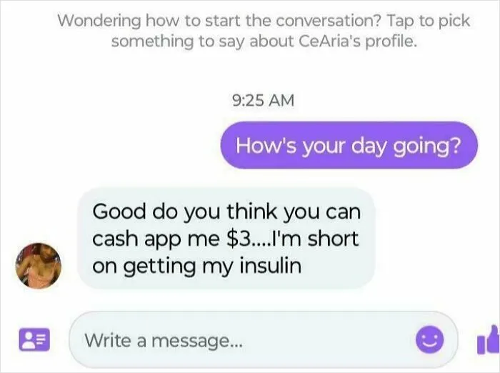 Text message conversation on a mobile app showing a request for $3 to buy insulin in current US life.