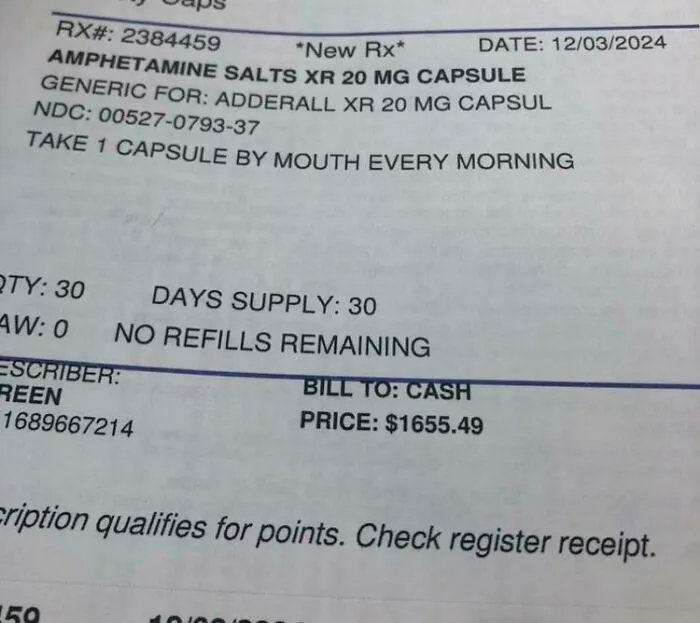 Prescription for amphetamine salts with a high cash price, illustrating current life challenges in the US through American perspectives.