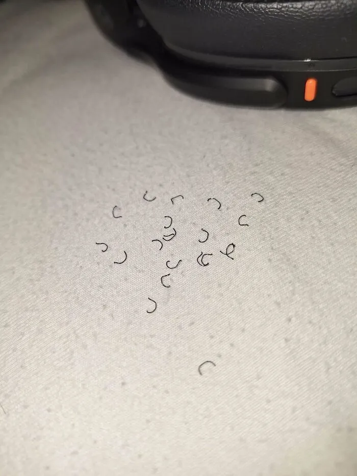 Small black curved mystery objects scattered on a light fabric surface near a black device, part of an online recognition group.