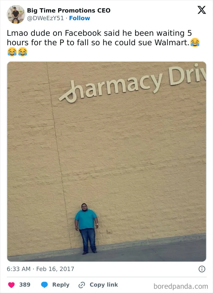 Man standing under partially missing pharmacy sign for funny meme.