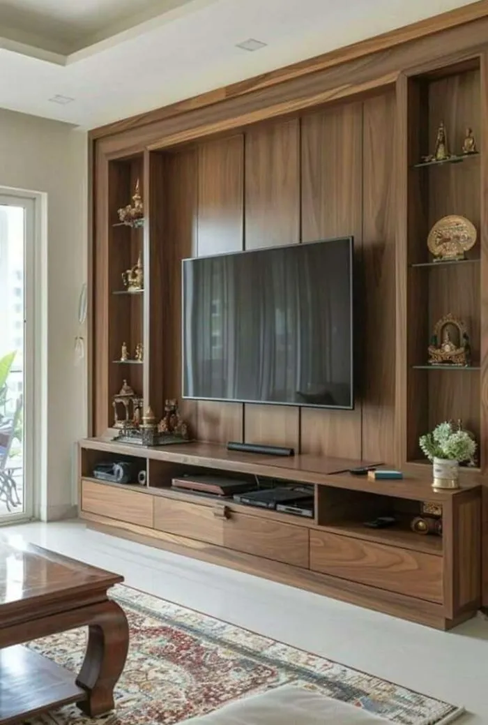 Modern living room with a large wooden entertainment center showcasing woodworking ideas and intricate wood craftsmanship.