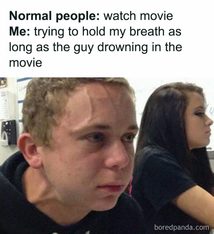 A funny meme showing a person straining with text about holding their breath during a movie scene.