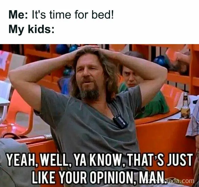 Man sitting with arms behind head, reacting humorously to bedtime request, showcasing funny memes for laughter.