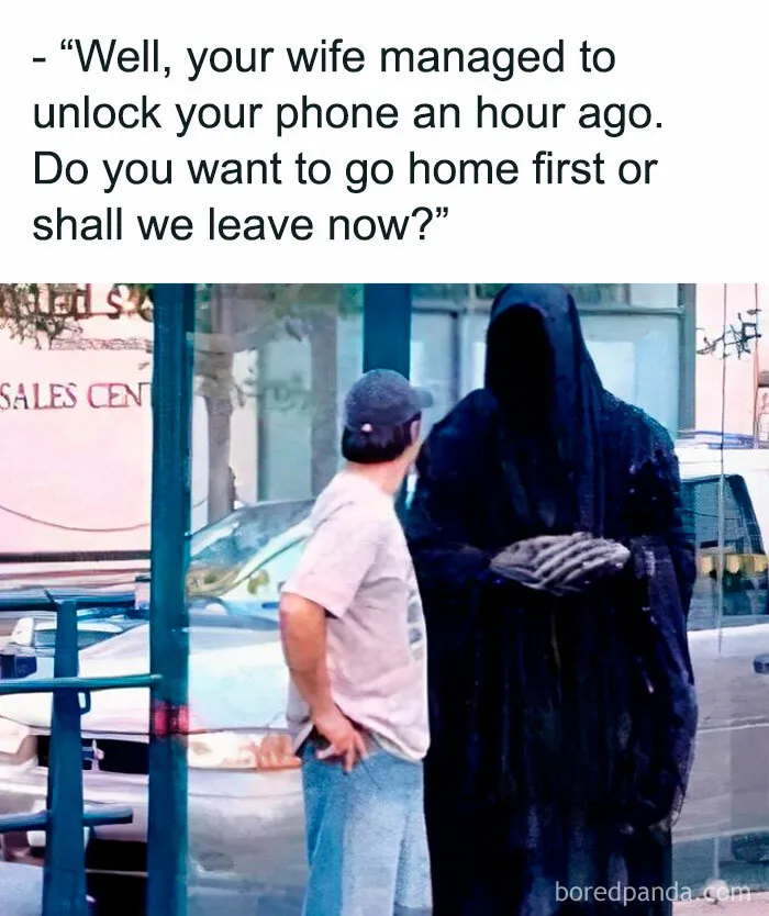 Man in casual wear talking to hooded figure on the street, caption adds humor to the scene. Funny memes for laughter.