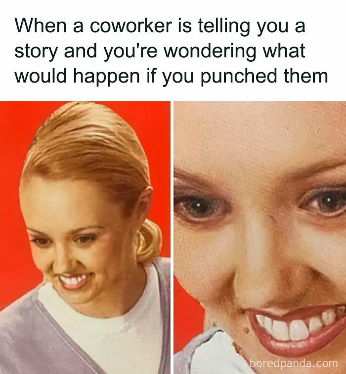 Woman with forced smile in a humorous meme about coworker interactions, perfect for a daily dose of funny memes.