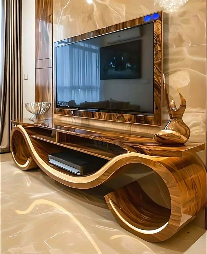 Curved wooden TV stand and matching frame showcasing modern woodworking ideas with polished wood finish in living room.
