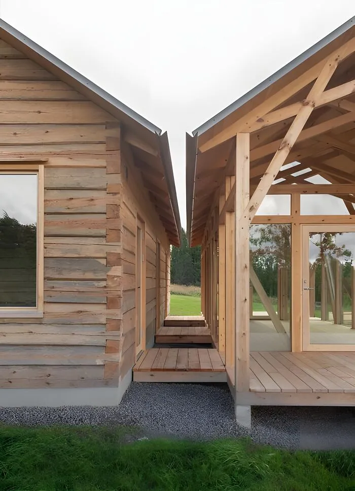 Two wooden structures showcasing impressive woodworking ideas with natural wood finishes and detailed craftsmanship.