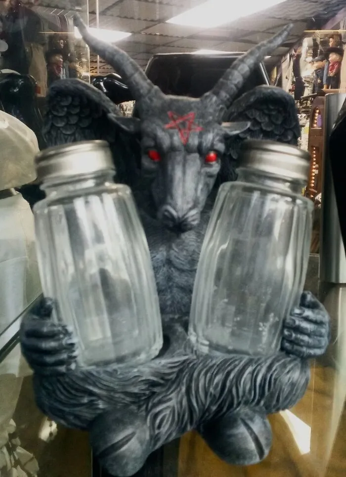 Behold! Want To Impress Your Mum's Vicar When He Comes Over For Dinner? How About This Gorgeous Salt And Pepper Set Held In The Loving Embrace Of Baphomet