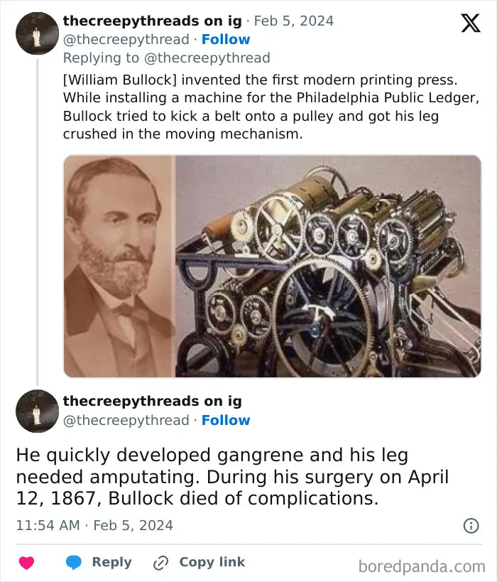 Portrait of William Bullock next to his complex printing press invention with spooky facts about the world and fatal accident details.