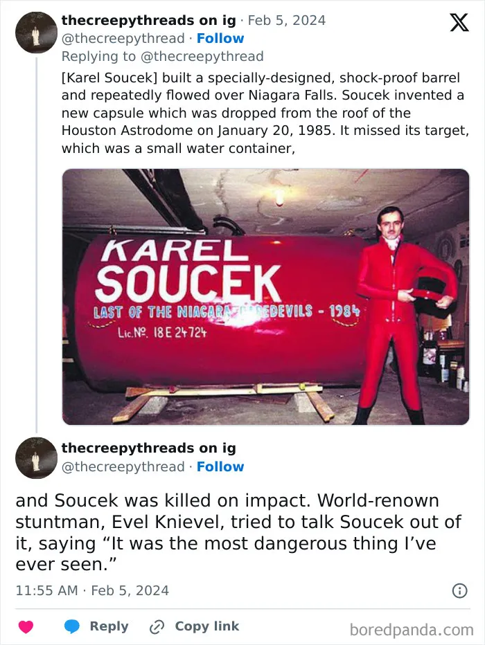 Man in red suit standing next to a shock-proof barrel used in a dangerous stunt from 60 spooky facts about our world.