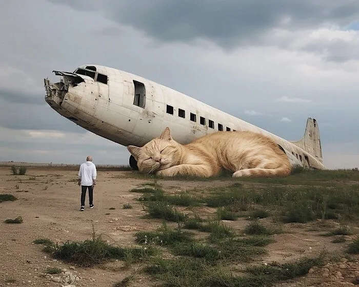 A surreal scene of a giant cat sleeping beside a wrecked airplane, with a person standing nearby.