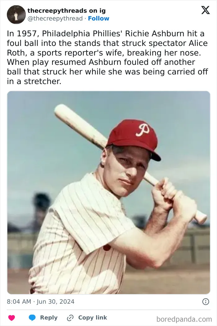 Philadelphia Phillies baseball player Richie Ashburn preparing to bat, a spooky fact about our world from 1957.