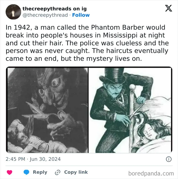 Illustrations of the Phantom Barber breaking into homes in Mississippi, a spooky fact about our world and mysterious haircuts.