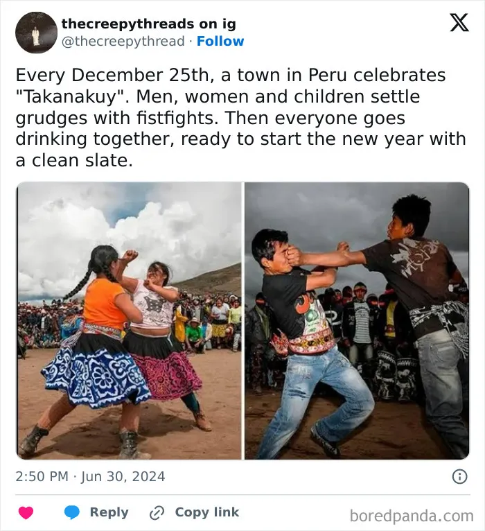 Crowd watching men and women fistfight during a traditional festival in Peru, a spooky fact about our world.