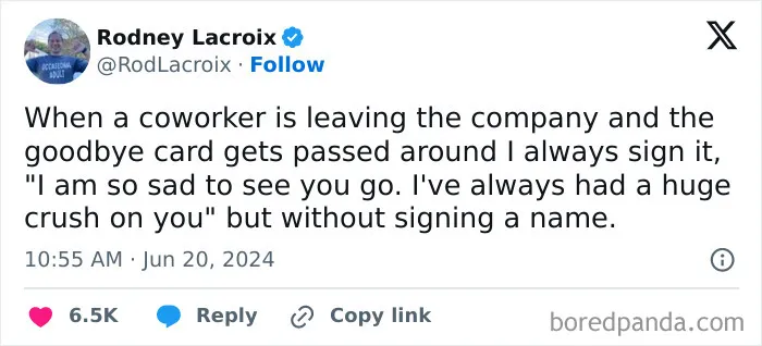Tweet by Rodney Lacroix humorously sharing a prank involving coworkers and a goodbye card.