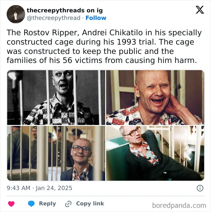 Images of Andrei Chikatilo, the Rostov Ripper, behind bars during his 1993 trial, a notable spooky fact about our world.