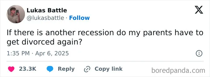 Screenshot of a funny tweet about recession and divorce, from April, with high engagement.