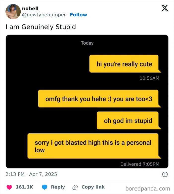Funny tweets April: A text conversation highlights an awkward reply and a humorous apology, capturing relatable social moments.