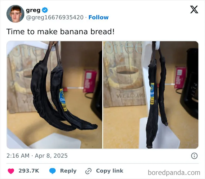 Funny tweet showing overripe bananas ready for banana bread, caption reads: "Time to make banana bread!"