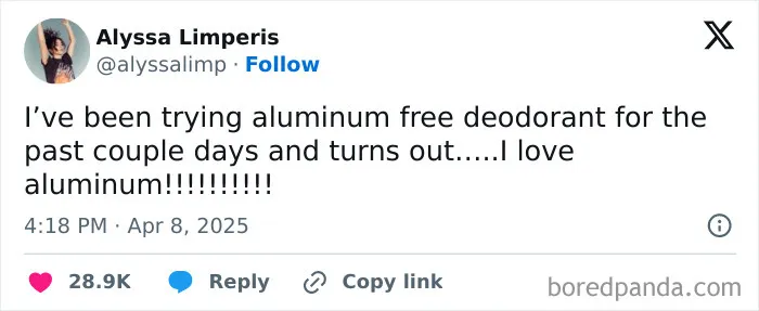 Funny tweet about aluminum-free deodorant preference.