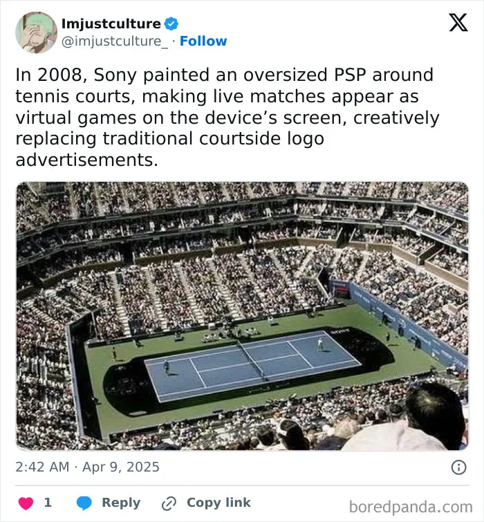 Tennis court painted as a giant PSP by Sony in 2008, replacing traditional advertisements, an interesting family fact.